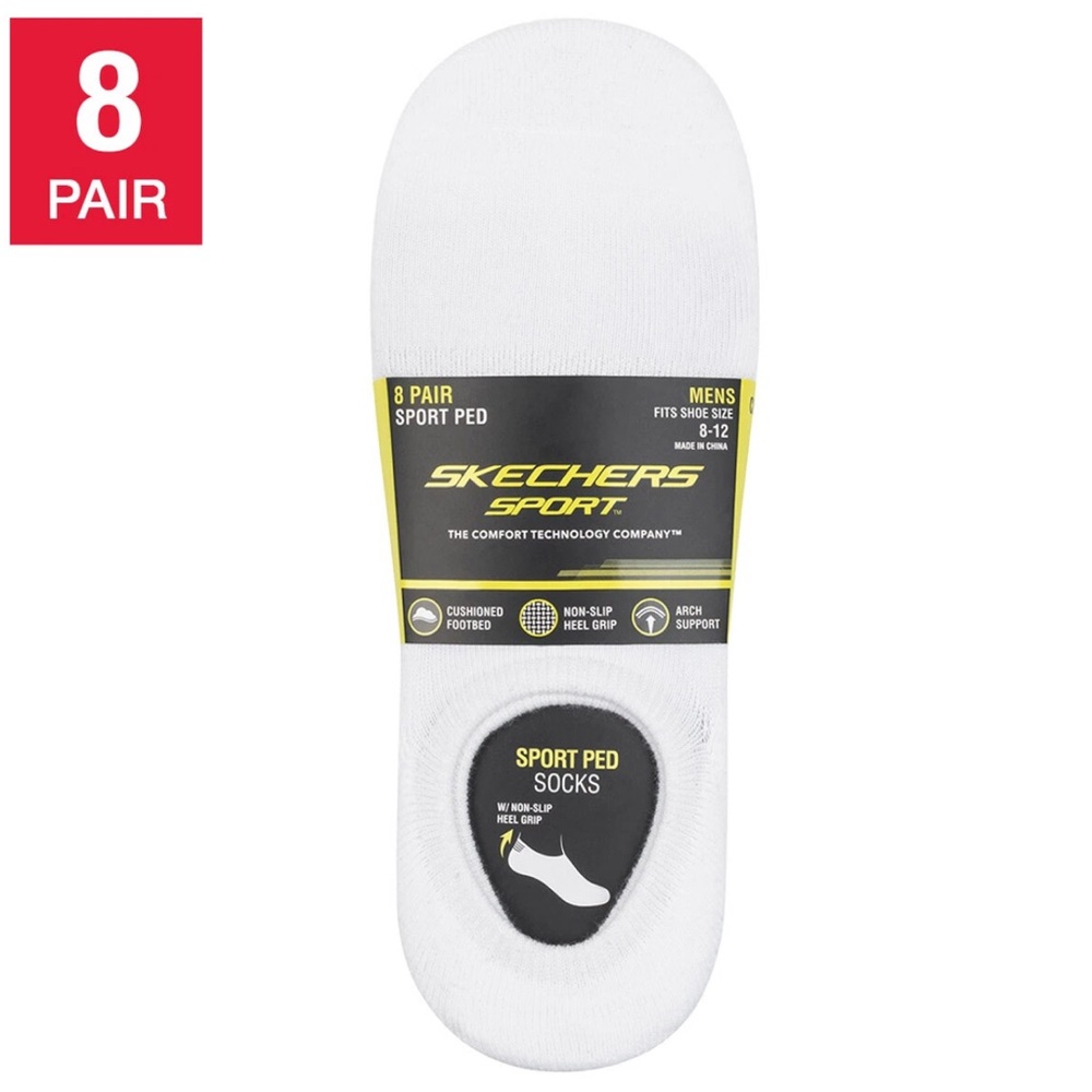 Skechers No-Show sport ped Socks White/Gray - 8 pairs w/non-slip grip(men8-12)